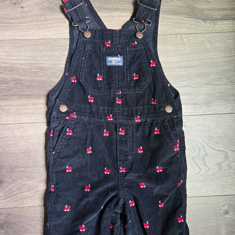 OshKosh Bgosh 4T Black Corduroy Overalls Red Train Engine Locomotive Toddler Boy
